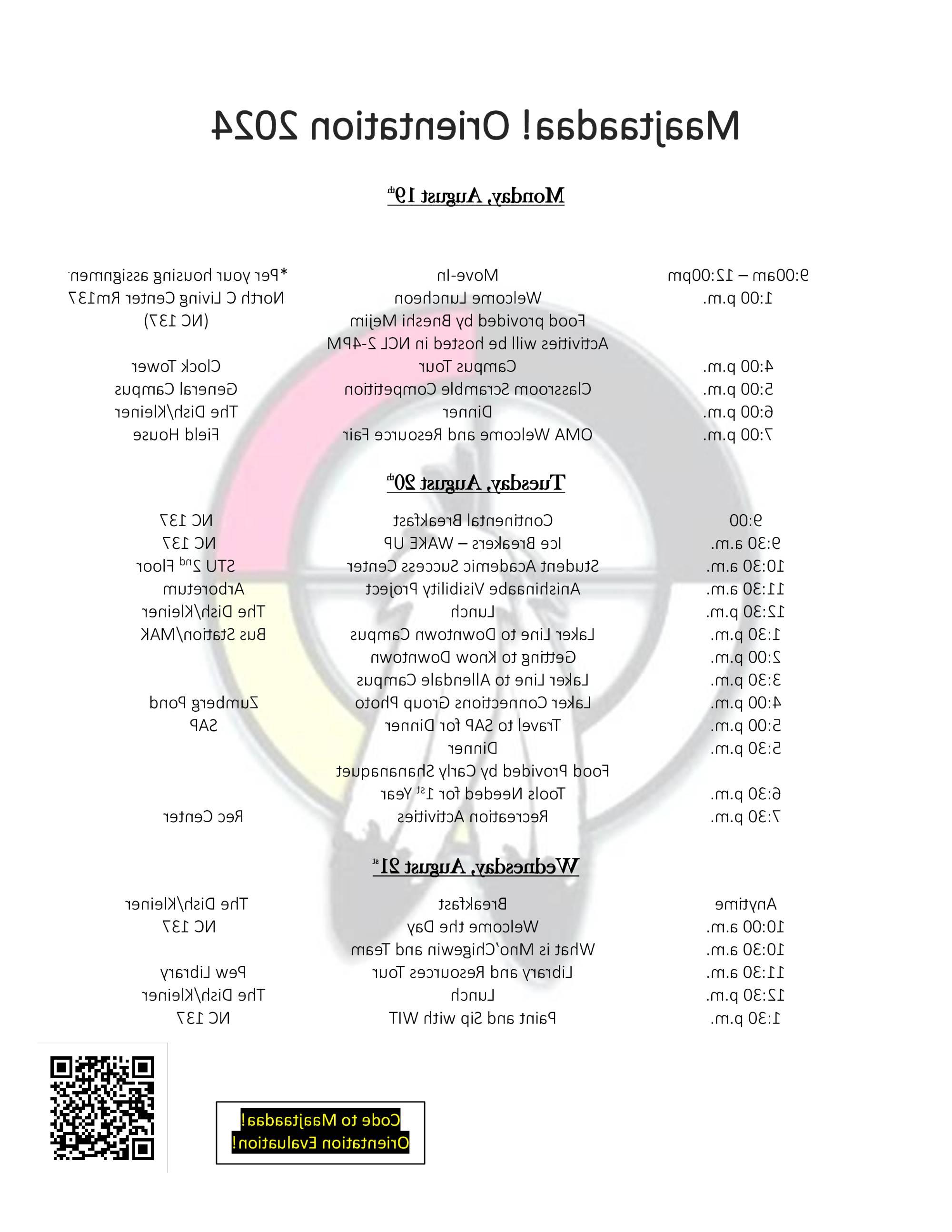 Photo of a poster displaying the schedule for the orientation schedule